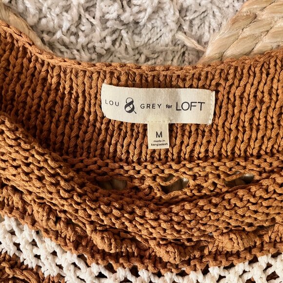 Lou & Grey for Loft Open Knit Crochet Sweater Striped Fringe - Picture 2 of 3